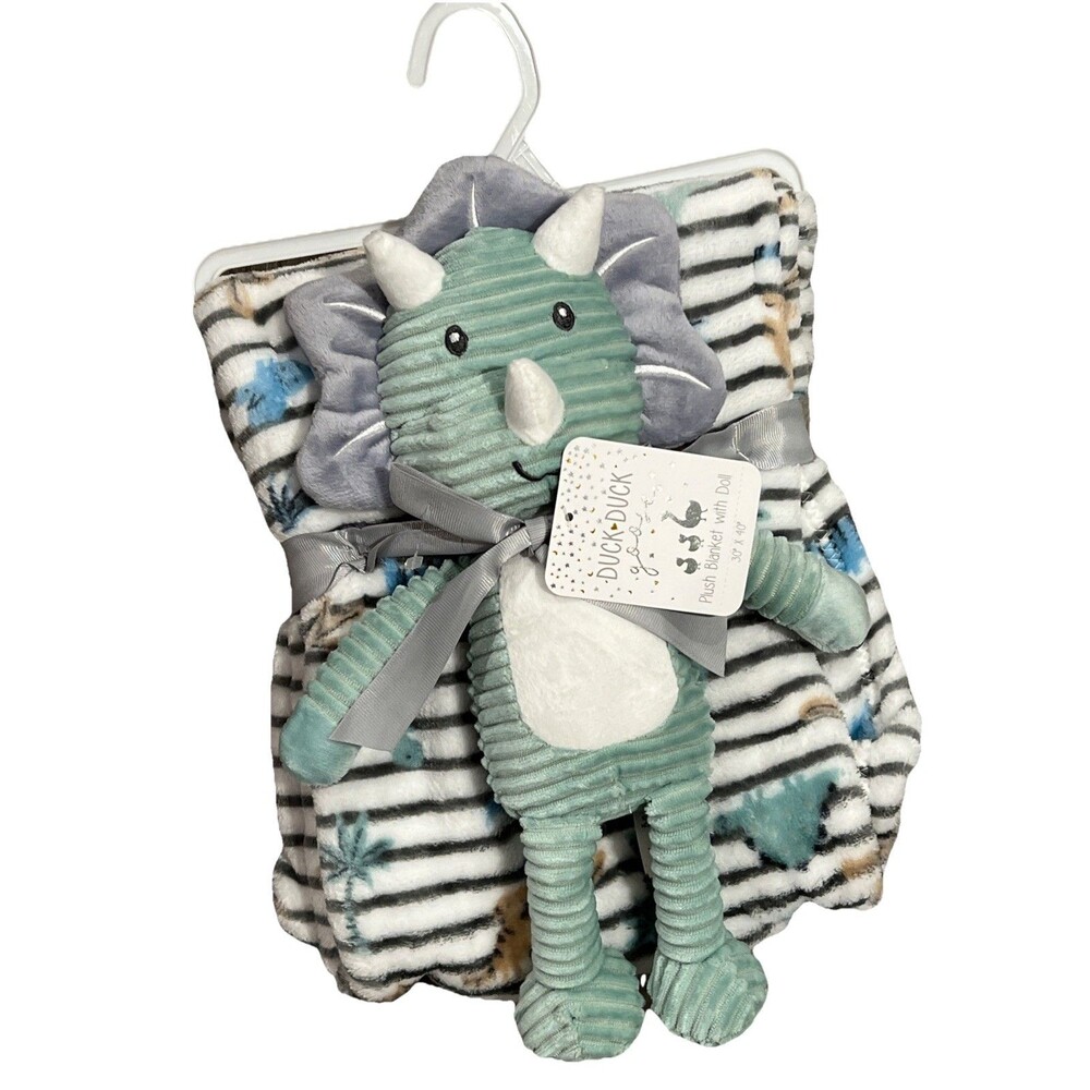 Duck Duck Goose Plush Lovey Blanket Set Ribbed Green Dinosaur Embroidered NEW